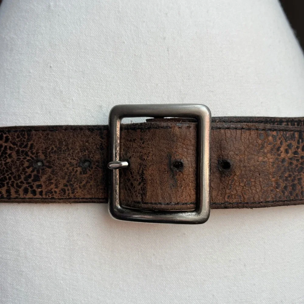 Vintage 90s Distressed Leather Studded Belt Brown Crackle Texture Western Boho